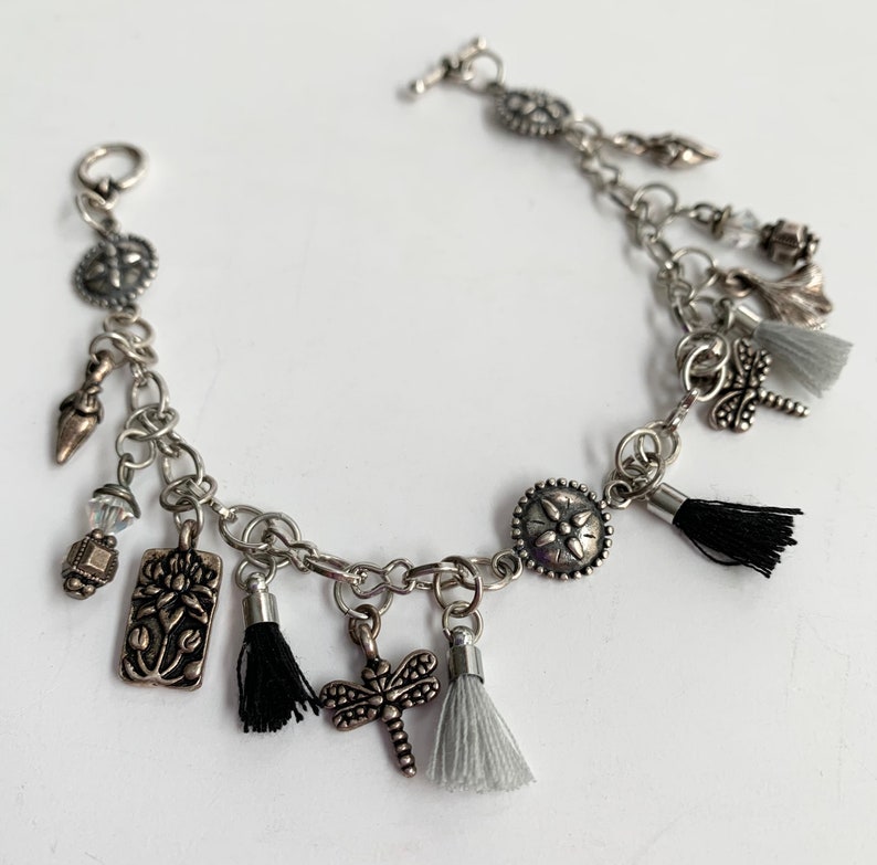 Calla Lily Charm Charm and Tassel Bracelet in Silver and Black 7 12 Length Dragonfly Charm Gingko Charm