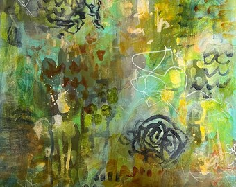 Underwater Seascapes #7, Original Abstract Painting Mixed Media on Canvas Paper Linen Finish, Contemporary Art, Unframed, 12x12"