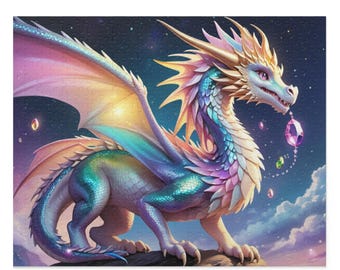 May include: A colorful jigsaw puzzle featuring a fantasy dragon with iridescent scales, wings, and horns. The dragon is set against a starry night sky with floating gems and clouds. The puzzle is a square shape.