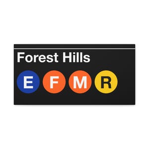 Cartello della stazione della metropolitana a tema quartiere di Forest Hills, New York - treno E/F/M/R, stampa su tela opaca, New York