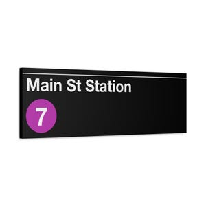 Señal de entrada de metro de la estación Main St - Tren 7, lienzo mate de 30 x 91 cm, impresión de Nueva York