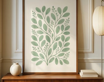 Poster d'art mural botanique vert, impression minimale de feuilles, décoration d'intérieur nature moderne