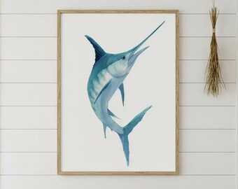 Fish Wall Art | Watercolour Swordfish Print, Coastal Decor