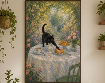 Monet Wall Art | Black Cat Garden Tea Print, Funny Cat Lover Gift