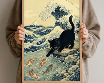 Woodblock Print | Funny Black Cat Hokusai Wall Art, Japanese Cat Lover Gift
