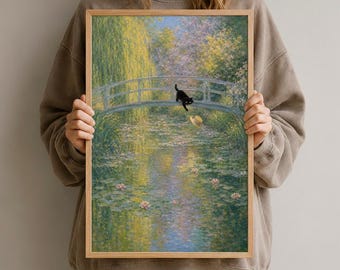 May include: A framed art print featuring a serene landscape with a bridge over a pond filled with lily pads. A black cat is depicted on the bridge, with a yellow hat in the air. The artwork has a soft, impressionistic style with a wooden frame.