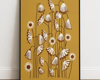 Folk Art Floral Wall Art – Mustard Retro Daisy Print