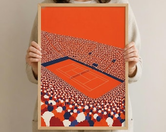 May include: A framed art print featuring a tennis court with a crowd of spectators. The court is orange, with a blue border, and white lines. The crowd is depicted with red, white, and blue dots. The background is a solid orange.