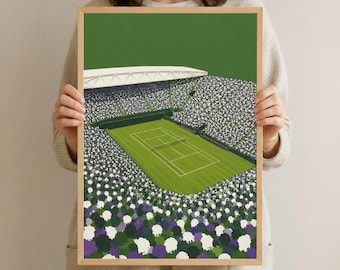 May include: A framed art print depicting a tennis court scene. The artwork features a green court, white lines, and a crowd of spectators. The print is in a wooden frame, with a green and white color scheme.