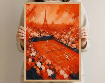 May include: A framed art print depicting a tennis match in Paris, France. The artwork features a red clay court, players in white, and the Eiffel Tower in the background. The color palette is dominated by shades of orange, red, and white.