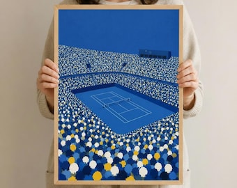May include: A framed art print depicting a tennis court surrounded by a crowd of spectators. The court and stands are shades of blue, with the crowd represented by white and yellow dots. The artwork is in a wooden frame.