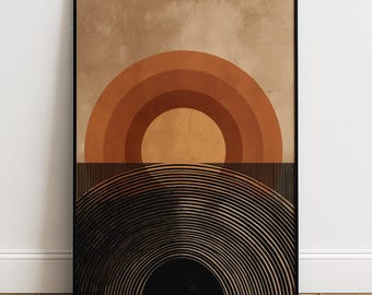 Abstracted Sunset Print | Minimal Sun Setting Wall Art | Modern Geometric Poster in Earthy Tones