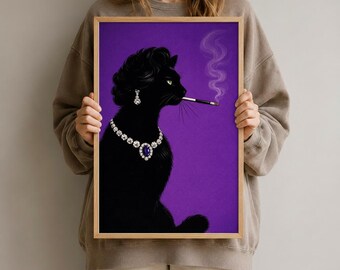 May include: A framed art print featuring a black cat with a bouffant hairstyle, wearing a diamond necklace and earrings, and smoking a cigarette. The cat is set against a purple background.
