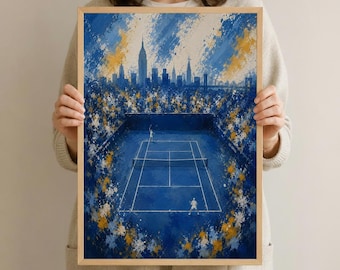 May include: A framed art print depicting a tennis match in a stadium with the New York City skyline in the background. The artwork features a blue court, white lines, and players in action, with a crowd of spectators. The painting has a textured, abstract style.