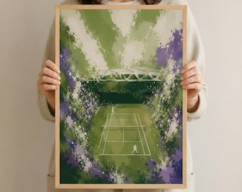 May include: A framed art print depicting a tennis court from a high angle. The artwork features a green court with white lines, two small figures, and a green and purple abstract background. The frame is made of light-colored wood.
