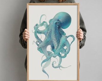 Octopus Wall Art | Watercolour Octopus Print, Tropical Coastal Decor