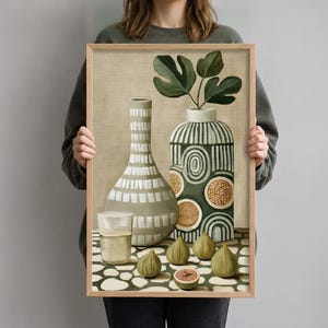 Mediterranean Still Life | Patterned vases and scattered figs, Warm Mediterranean Kitchen Decor