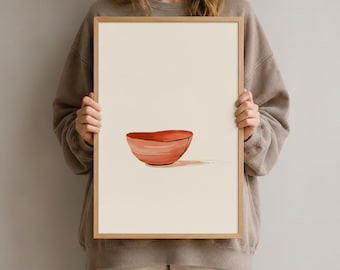 Könnte beinhalten: Ein gerahmter vertikaler Wandkunstdruck mit einer zentrierten Illustration einer einzelnen terrakottafarbenen Schale. Die Schale hat eine abgerundete Form mit sichtbaren Pinselstrichtexturen in Orange- und Rottönen auf einem cremefarbenen Hintergrund.
