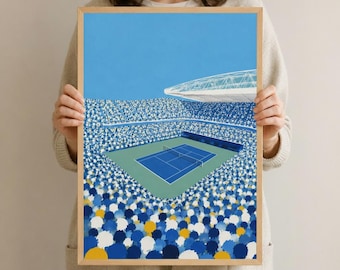 May include: A framed art print depicting a tennis stadium with a blue court and a crowd of spectators. The artwork features a blue sky and a white roof structure. The crowd is composed of blue, white, and yellow dots.