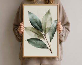 Könnte beinhalten: Ein gerahmter Wandkunstdruck mit einer Aquarellillustration eines belaubten Zweigs mit mehreren länglichen Blättern in verschiedenen Schattierungen von Salbeigrün, Oliv und Dunkelwaldgrün vor einem hellen, cremefarbenen Hintergrund.