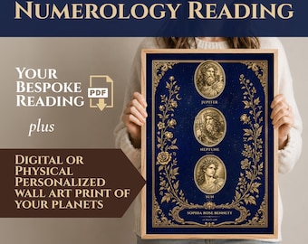 May include: A rectangular wall art print featuring a deep blue background with ornate gold filigree borders. Three circular portraits of Jupiter, Neptune, and the Sun are vertically aligned. The text reads Personalized Numerology Reading.