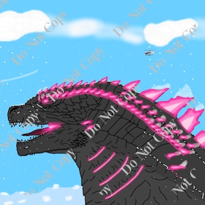 Puede incluir: Un monstruo Godzilla negro y rosa con espinas rosadas brillantes y una boca rosa brillante, rugiendo contra un cielo azul con nubes blancas.