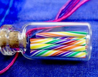 Rainbow Candy Jar Necklace - Cherry Rainbow Swirl Candy Sticks - Miniature Bottle Jewelry