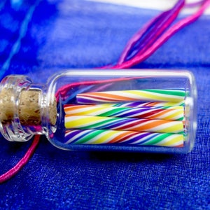 Rainbow Candy Jar Necklace Cherry Rainbow Swirl Candy Sticks Miniature Bottle Jewelry image 1