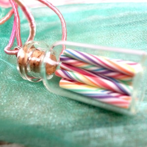 Pastel Rainbow Candy Jar Necklace Cherry Rainbow Miniature Glass Bottle with Rainbow Organza Ribbon image 4