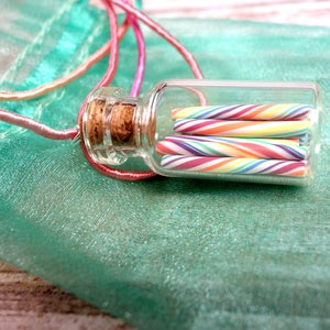 Pastel Rainbow Candy Jar Necklace Cherry Rainbow Miniature Glass Bottle with Rainbow Organza Ribbon image 1