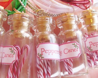 Peppermint Sticks Candy Jar Necklace - Miniature Red and White Swirl