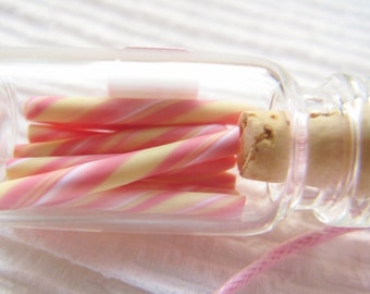 Pink Lemonade Candy Jar Necklace- Pink White Yellow Swirl - Miniature Glass Bottle Jewelry