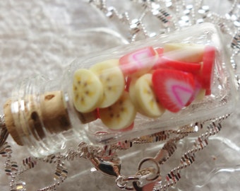 Strawberry and Banana Jar Necklace - Fruit Slices - Silver Chain Necklace - Picnic Summer Food Yellow Red Bottle Necklace