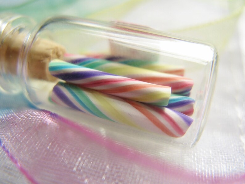 Pastel Rainbow Candy Jar Necklace Cherry Rainbow Miniature Glass Bottle with Rainbow Organza Ribbon image 9