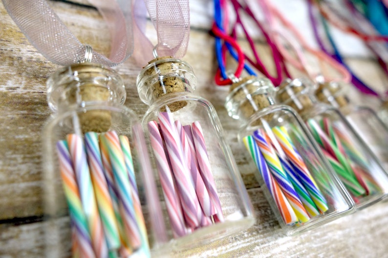 Pastel Rainbow Candy Jar Necklace Cherry Rainbow Miniature Glass Bottle with Rainbow Organza Ribbon image 6