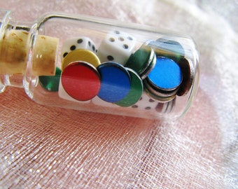 Miniature Dice and Poker Chips Necklace - Rainbow Colors - Glass Jar Necklace with Gift Bag - Your Choice of Colors