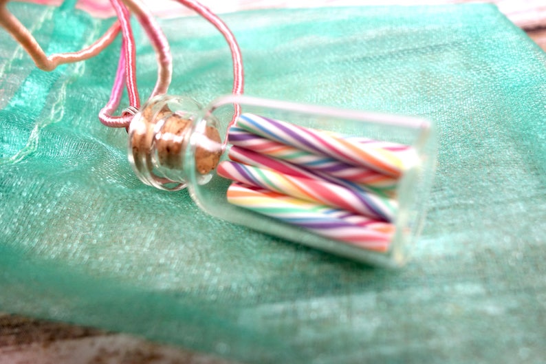 Pastel Rainbow Candy Jar Necklace Cherry Rainbow Miniature Glass Bottle with Rainbow Organza Ribbon image 4