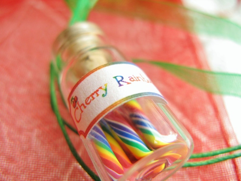 Rainbow Candy Jar Necklace Cherry Rainbow Swirl Candy Sticks Miniature Bottle Jewelry image 7