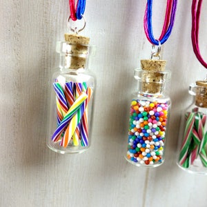 Rainbow Candy Jar Necklace Cherry Rainbow Swirl Candy Sticks Miniature Bottle Jewelry image 4