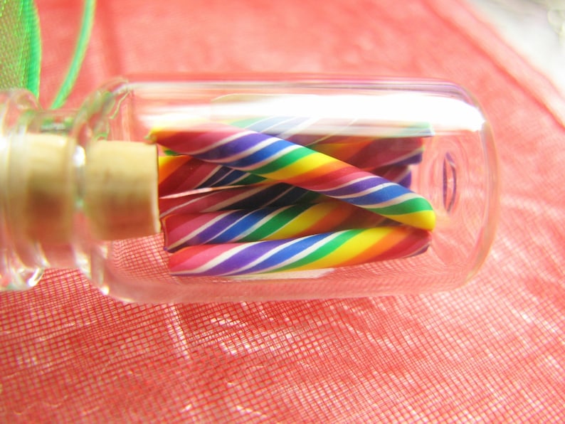Rainbow Candy Jar Necklace Cherry Rainbow Swirl Candy Sticks Miniature Bottle Jewelry image 2