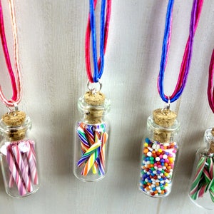 Rainbow Candy Jar Necklace Cherry Rainbow Swirl Candy Sticks Miniature Bottle Jewelry image 8