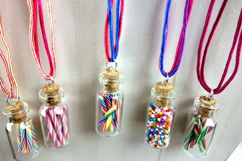 Rainbow Candy Jar Necklace Cherry Rainbow Swirl Candy Sticks Miniature Bottle Jewelry image 8