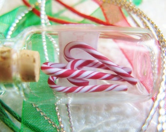 Candy Canes Jar Necklace - Miniature Red and White Swirl