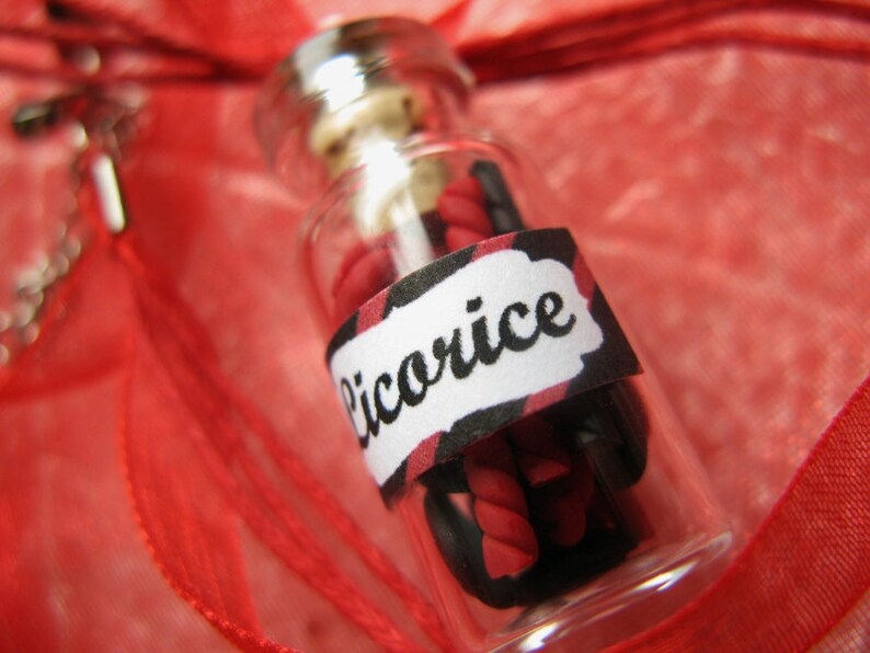 Licorice Candy Jar Necklace Bottle Necklace Red and Black Licorice Twists & Whips Miniature Glass Bottle Necklace image 2