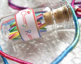 Rainbow Candy Jar Necklace - Cherry Rainbow Swirl Candy Sticks - Miniature Bottle