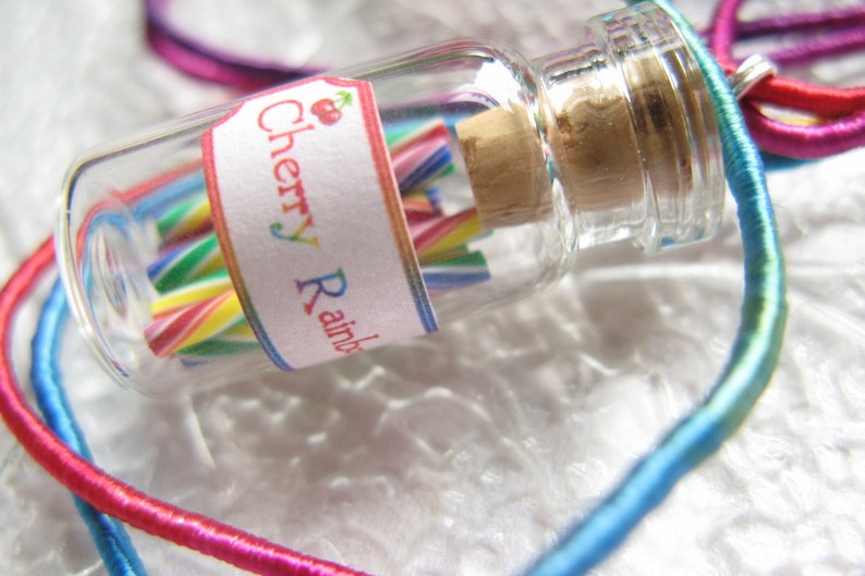 Rainbow Candy Jar Necklace Cherry Rainbow Swirl Candy Sticks Miniature Bottle image 1