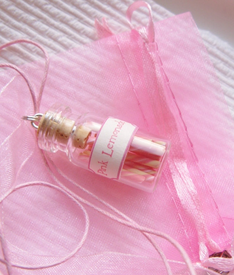 Pink Lemonade Candy Jar Necklace Pink White Yellow Swirl Miniature Glass Bottle Jewelry image 2