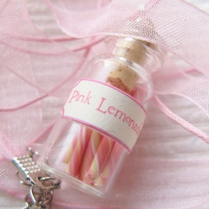 Pink Lemonade Candy Jar Necklace Pink White Yellow Swirl Miniature Glass Bottle Jewelry image 5