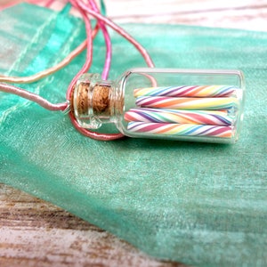 Pastel Rainbow Candy Jar Necklace Cherry Rainbow Miniature Glass Bottle with Rainbow Organza Ribbon image 10