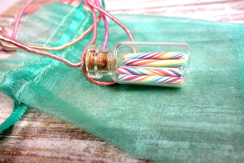 Pastel Rainbow Candy Jar Necklace Cherry Rainbow Miniature Glass Bottle with Rainbow Organza Ribbon image 10